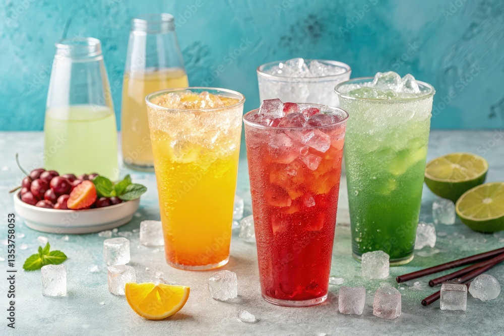 Refreshing Colorful Drinks Served With Ice in a Vibrant Setting Generative AI Refreshing Colorful Drinks Served With Ice in a Vibrant Setting Generative AI
