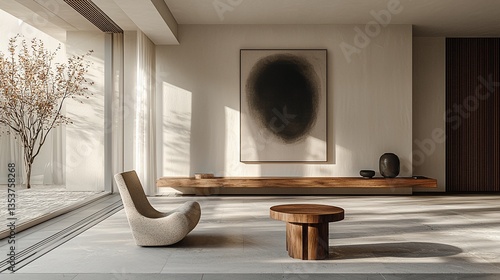 Minimalist living room with sunlight, armchair, artwork, and wooden furniture.