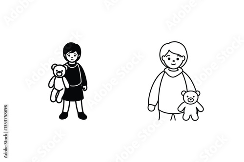 Girl Child Holding Teddy Bear, Simple Line Art Illustrations