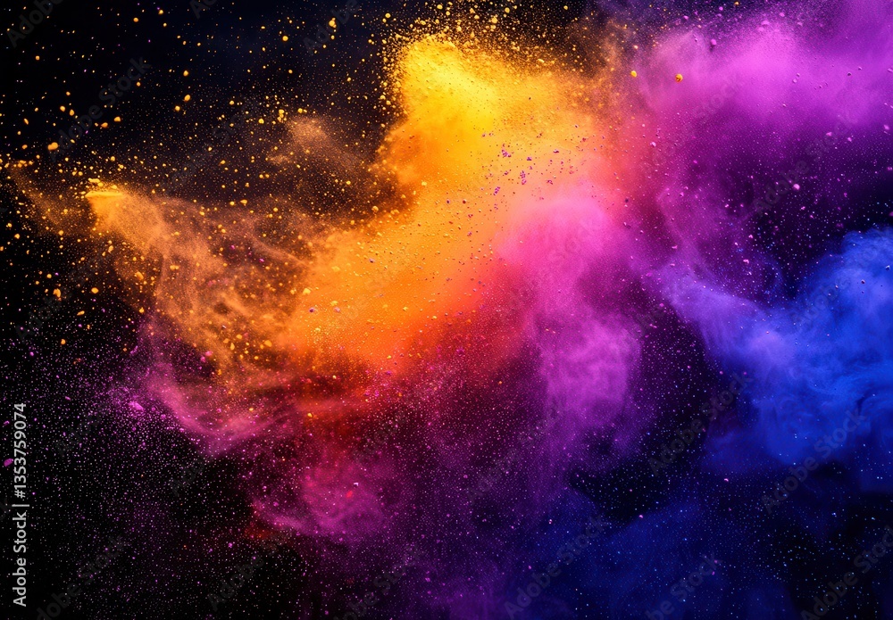 Obraz premium Vibrant Abstract Smoke Explosion with Fiery Orange, Bold Purple, and Deep Blue Tones against a Black Background for Creative Projects and Designs