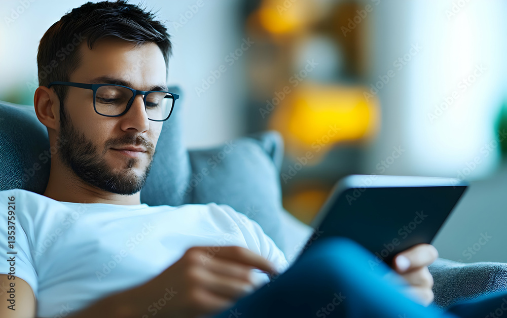 Relaxed young man reading a digital tablet while sitting comfortably on a couch in a bright living room. Relaxed young man reading a digital tablet while sitting comfortably on a couch in a bright living room.