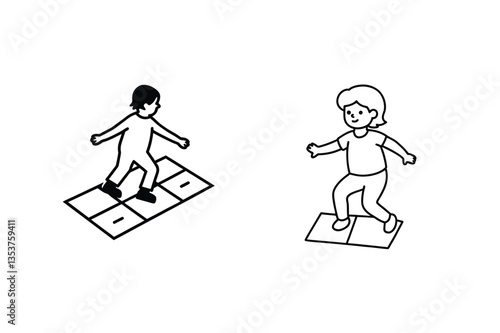 Children playing hopscotch, outdoor game, numbered squares, playful activity, isometric illustration