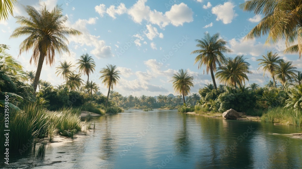 Tranquil river oasis adorned by lush palm trees under a serene sky Tranquil river oasis adorned by lush palm trees under a serene sky