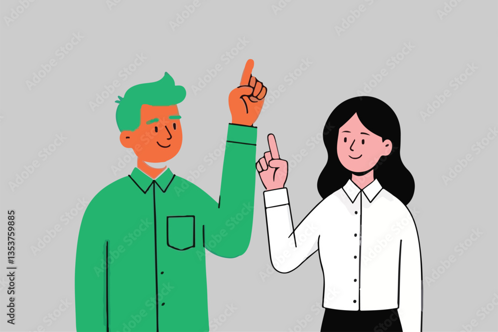 Shared Idea: Man and Woman Pointing Up, Collaboration and Innovation Concept. Shared Idea: Man and Woman Pointing Up, Collaboration and Innovation Concept.