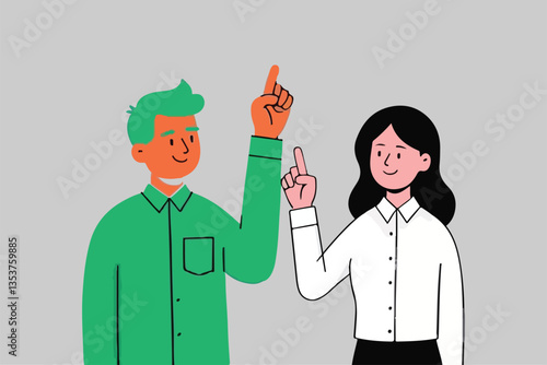 Shared Idea: Man and Woman Pointing Up, Collaboration and Innovation Concept. 