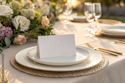 Wedding place card mockup on elegant wedding setting. Perfect for showcasing table name designs, calligraphy, or wedding branding.
