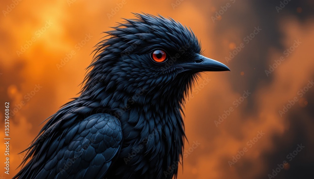 Obraz premium Intriguing Black Bird Portrait Fiery Orange Eyes and Dark Misty Background