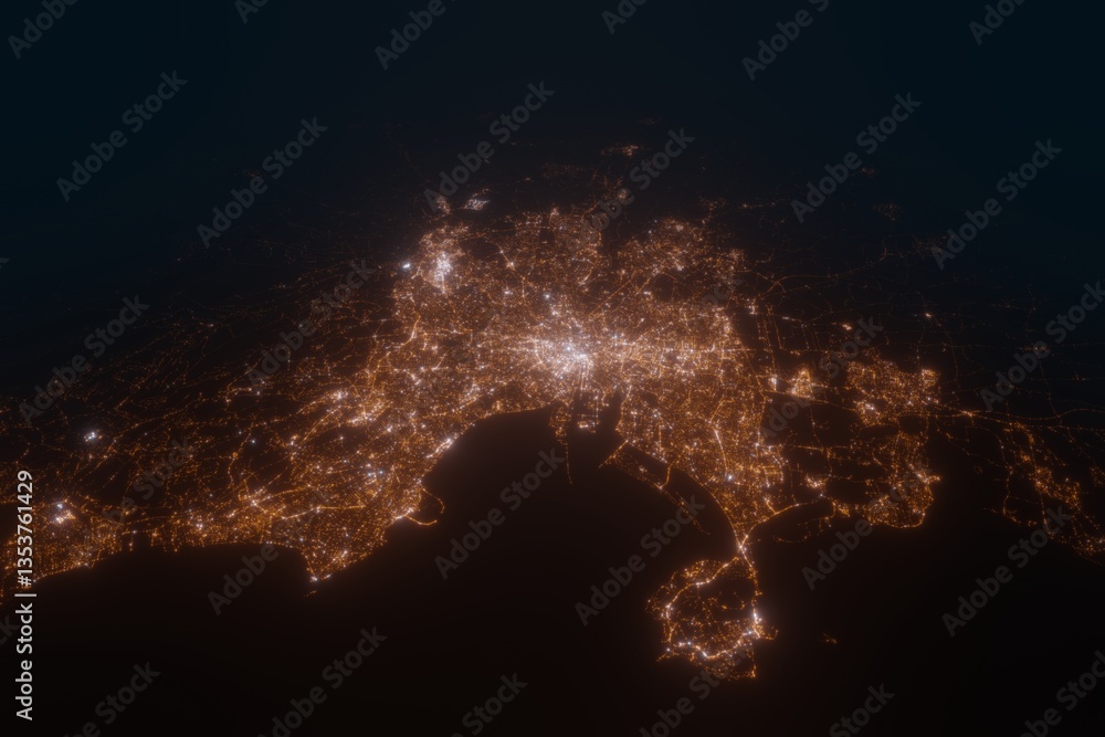 Aerial view on Dublin (Ireland) from east. Satellite view on modern city at night