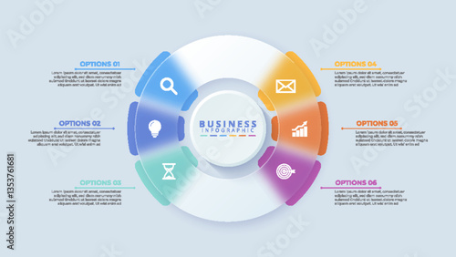 Infographic labels with icons and 6 options or steps. Suitable for process diagrams, presentations, workflow layouts, banners, flow charts, and infographics.