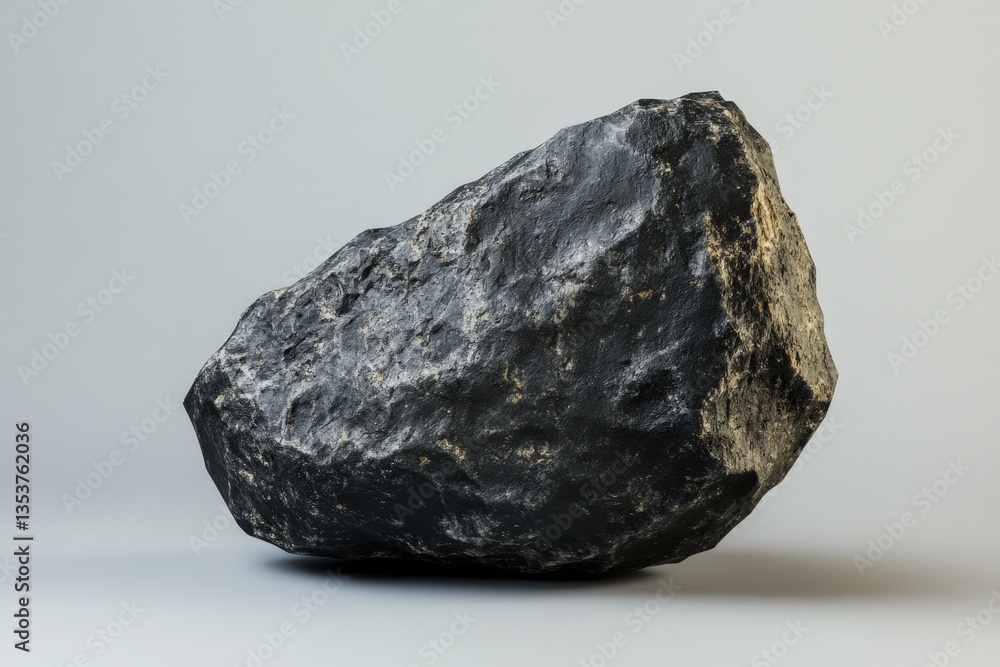 Fototapeta premium A singular black rock is displayed against a neutral background