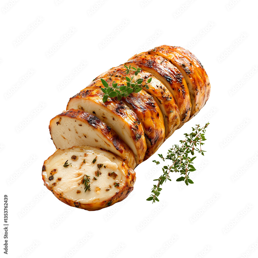 A succulent, sliced roasted chicken breast garnished with fresh thyme, showcasing golden-brown caramelization and juicy texture. A succulent, sliced roasted chicken breast garnished with fresh thyme, showcasing golden-brown caramelization and juicy texture.