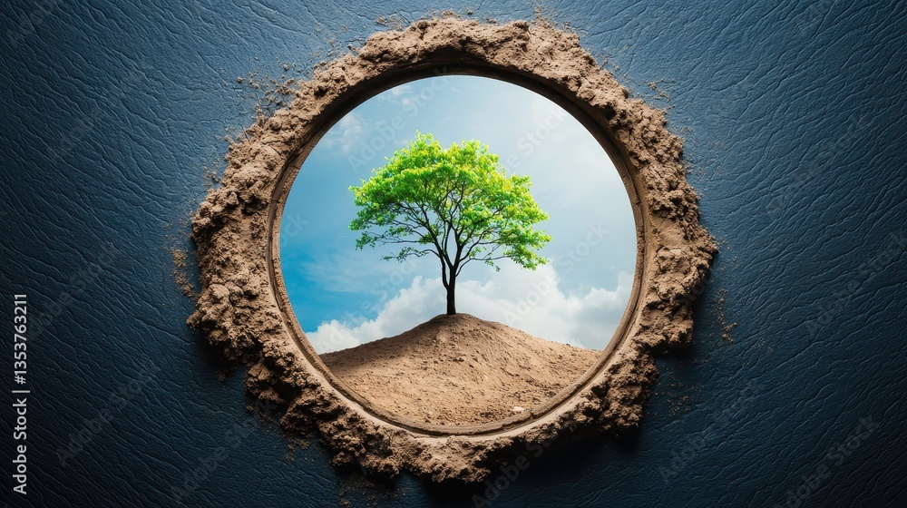 Fototapeta premium A circular opening reveals a vibrant green tree on a hill, symbolizing nature's beauty amidst a textured background.