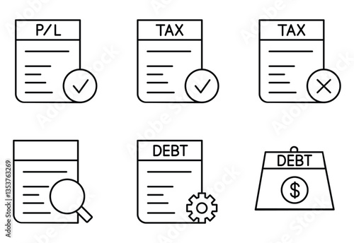 Audit of financial statements, taxation and debt management Icon Set