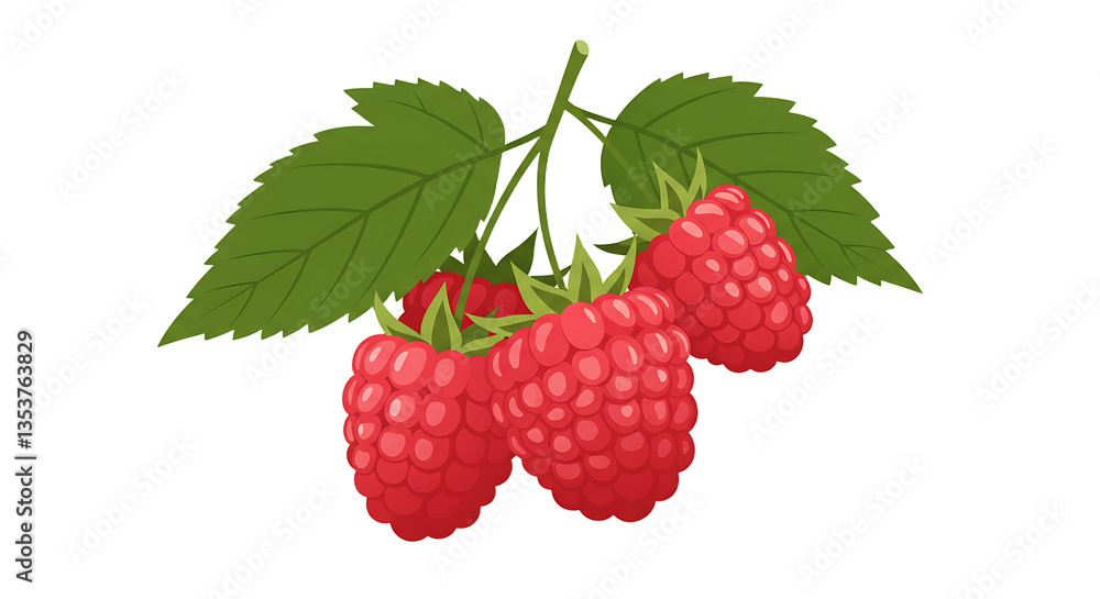 Ripe Raspberries on the Vine with Green Leaves Fresh Fruit Illustration Ripe Raspberries on the Vine with Green Leaves Fresh Fruit Illustration