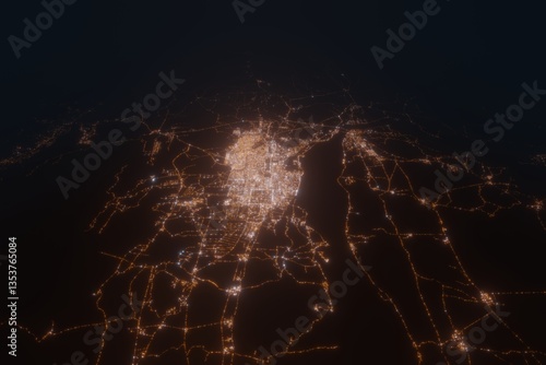 Fototapeta Naklejka Na Ścianę i Meble -  Aerial view on Mandalay (Myanmar) from north. Top view on modern city at night from space