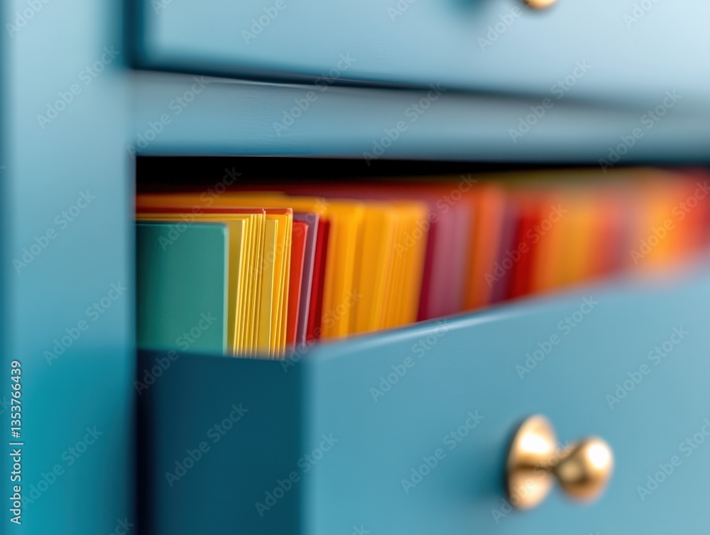 Colorful filing cabinet drawer open