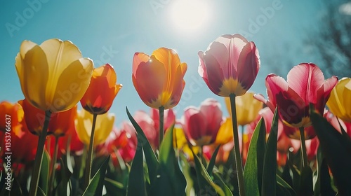 Colorful tulips bloom in a field under a bright sunny sky
