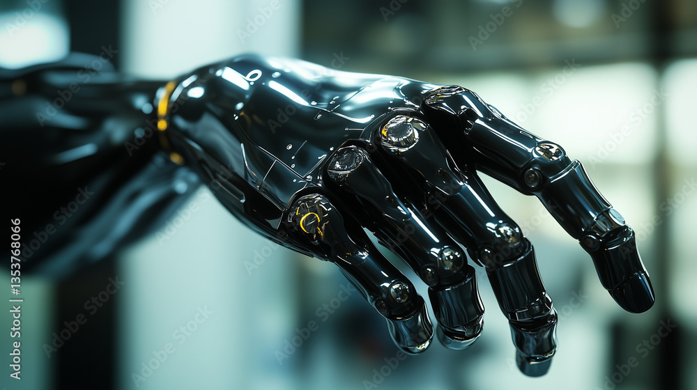 Sleek black cybernetic prosthetic hand showing robotic fingers and advanced mechanical design in futuristic setting Sleek black cybernetic prosthetic hand showing robotic fingers and advanced mechanical design in futuristic setting