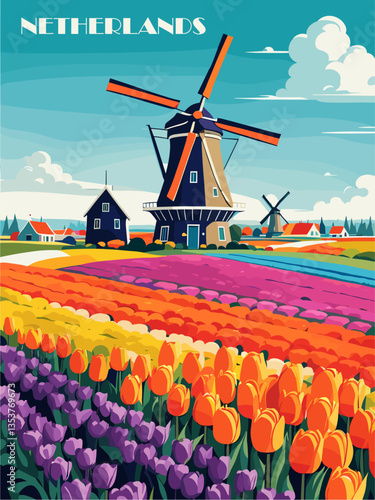 Netherlands travel destination poster in retro style with iconic colorful tulip fields landscape. Vector art illustration