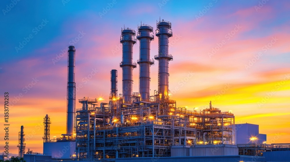 Fototapeta premium Industrial complex with towering smokestacks against a vibrant sunset sky, showcasing a busy energy production facility with bright lights and intricate structures.