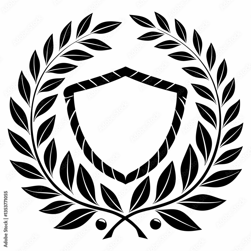 Fototapeta premium Shield with Laurel Wreath and Star – Black and White Heraldic Emblem for Security, Prestige, and Victory