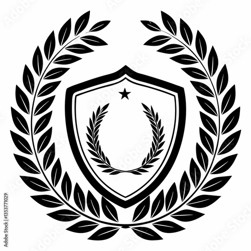 Shield with Laurel Wreath and Star – Black and White Heraldic Emblem for Security, Prestige, and Victory