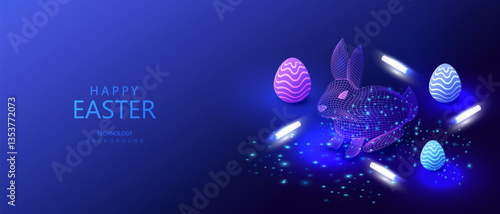 easter isometric card, holiday technology rabbit and eggs,  ai vector background