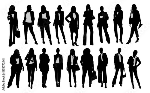 Silhouettes of business women standing in different poses, walking, full length. Diverse business concept. Vector black monochrome illustration isolated on white background.