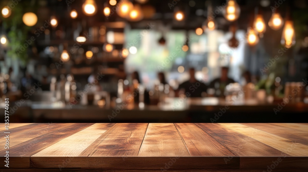 Wooden table in a blurred cafe background, suitable for product placement Wooden table in a blurred cafe background, suitable for product placement