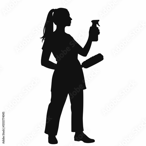 Silhouette of cleaning lady holding eco spray and sponge, eco-friendly concept