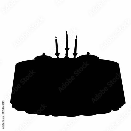Elegant banquet table silhouette with candles and dishes, celebration
