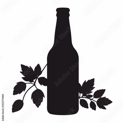 Silhouette of beer bottle and hops against white background, brewing concept