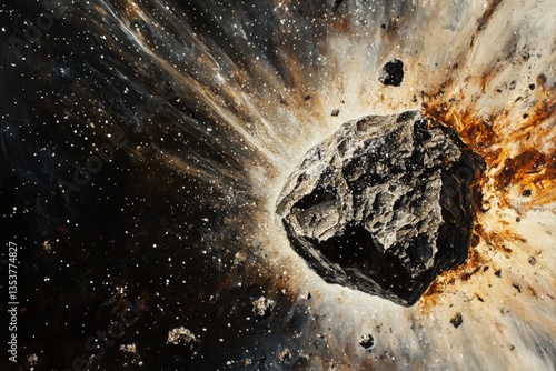 A large rock hurtling through space with an explosive impact