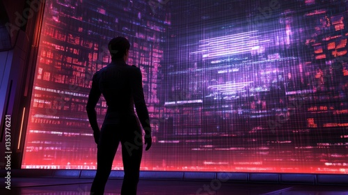 Futuristic figure contemplates digital landscape in glowing cyberpunk metropolis