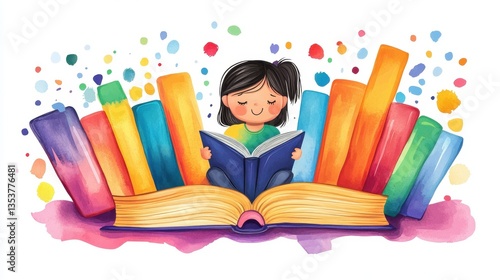 A Young Girl Immersed in the Colorful World of Books: A Delightful Watercolor Illustration of Childhood Literacy