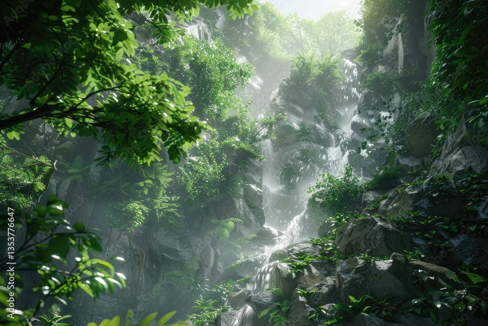 Vibrant Image of Sparkling Waterfall in Dense Forested Mountains Vibrant Image of Sparkling Waterfall in Dense Forested Mountains