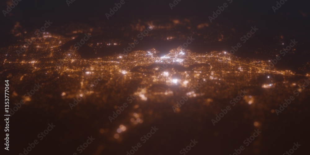 Street lights map of Seattle (Washington, USA) with tilt-shift effect, view from east. Imitation of macro shot with blurred background. 3d render, selective focus Street lights map of Seattle (Washington, USA) with tilt-shift effect, view from east. Imitation of macro shot with blurred background. 3d render, selective focus