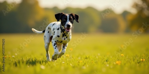 Black and white dalmatian dog running freely in field , nature, play
