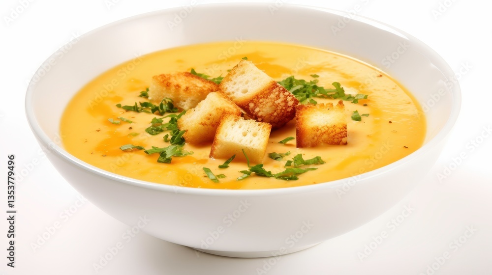 Creamy Butternut Squash Soup with Croutons, Fresh Herbs, and a Smooth Texture Served in a White Bowl on a Bright Background for Culinary Presentation Creamy Butternut Squash Soup with Croutons, Fresh Herbs, and a Smooth Texture Served in a White Bowl on a Bright Background for Culinary Presentation