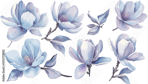 Set of white magnolia flowers in different poses with stems and leaves. Watercolor illustration