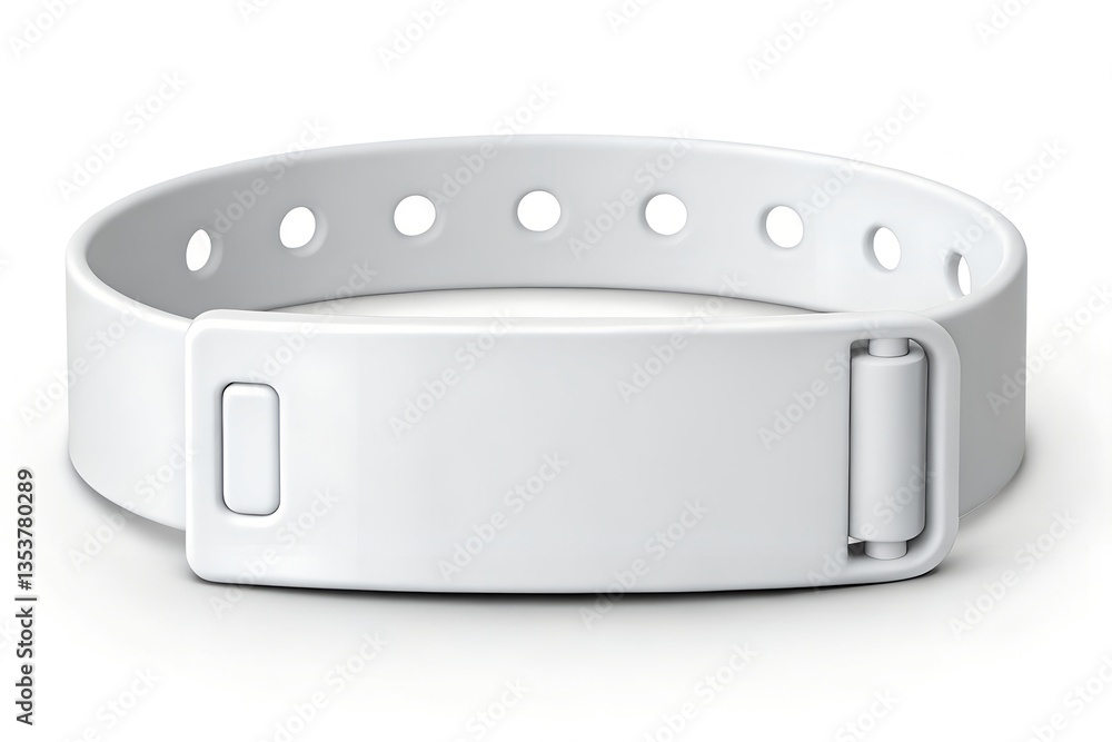 Minimalist mockup of a blank white hospital wristband with snap closure, isolated on a clean white background. Ideal for medical ID, baby bracelet design, and healthcare branding projects.