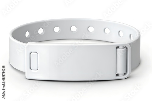 Minimalist mockup of a blank white hospital wristband with snap closure, isolated on a clean white background. Ideal for medical ID, baby bracelet design, and healthcare branding projects.