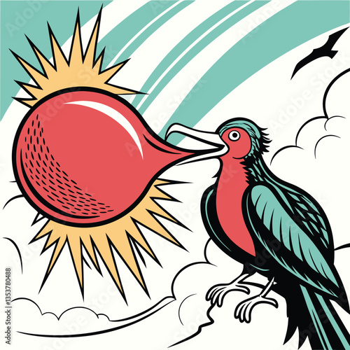 Dynamic Pop Art Frigatebird with an Inflated, Neon Red Balloon Throat