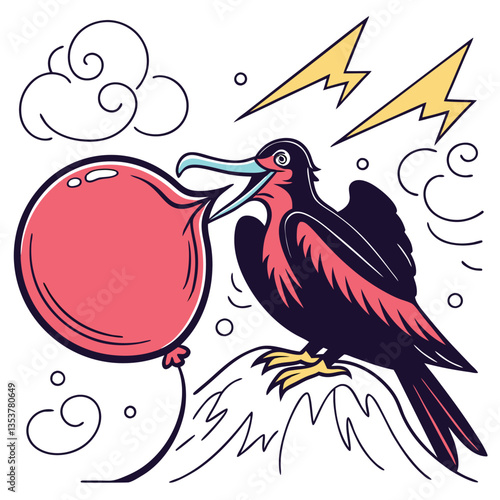 Dynamic Pop Art Frigatebird with an Inflated, Neon Red Balloon Throat