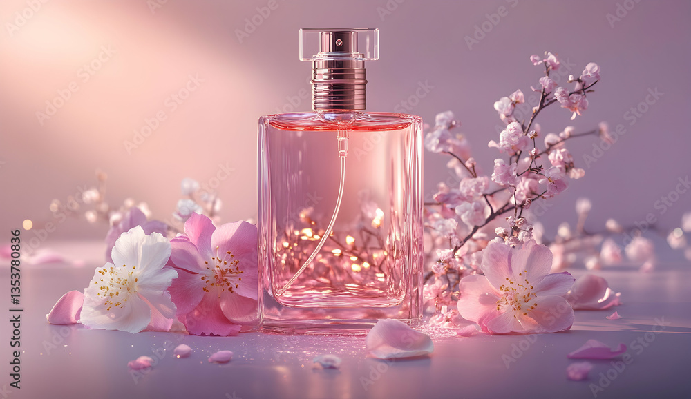 The bottle of perfume is pink, with flowers and petals next to it The bottle of perfume is pink, with flowers and petals next to it