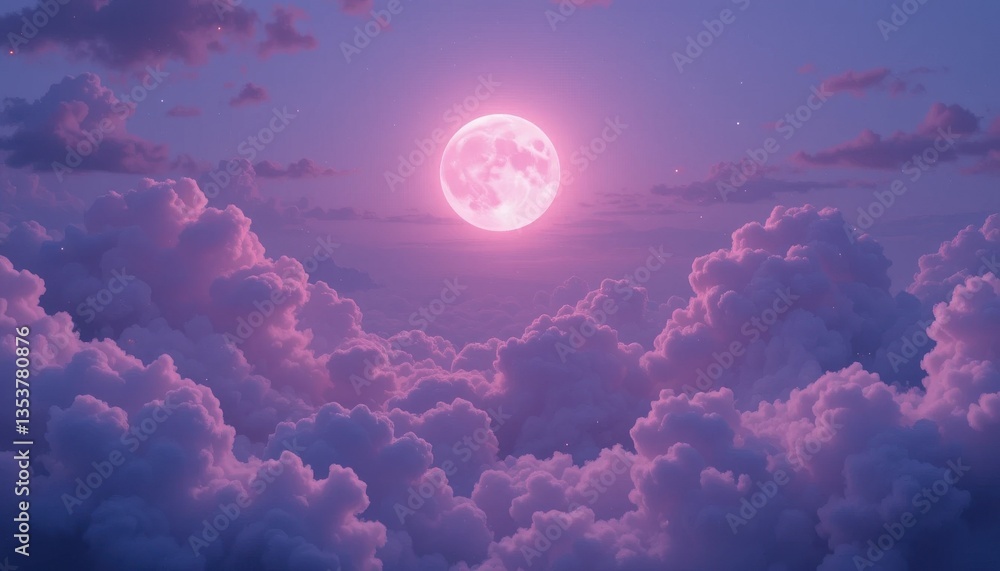Fototapeta premium Enchanted Pink Moonlit Sky Lavender Clouds and Soft Moonlight