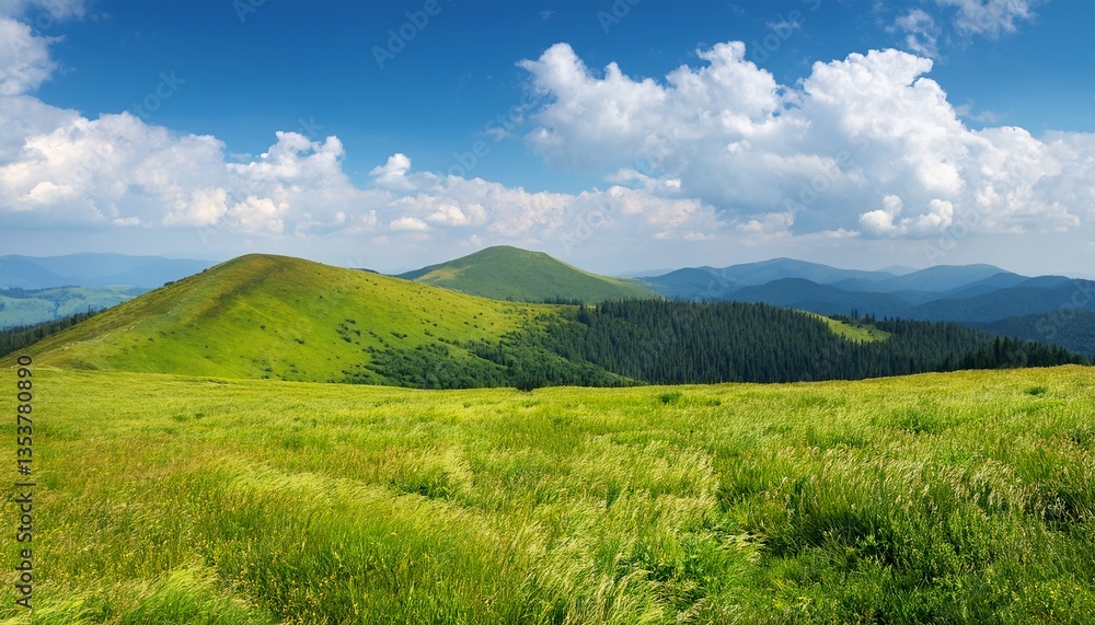 nature background with green field on the hill blue sky with fluffy clouds carpathian mountain landscape in summer nature background with green field on the hill blue sky with fluffy clouds carpathian mountain landscape in summer