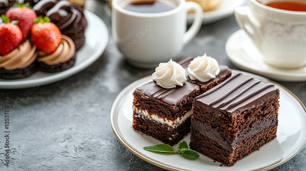 A cozy afternoon tea setting with Lamington cakes on a plate, chocolate coating glistening, on a gray rustic stone table. A cozy afternoon tea setting with Lamington cakes on a plate, chocolate coating glistening, on a gray rustic stone table.