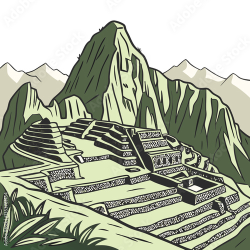 Stunning Vector Illustration of Machu Picchu, Ancient Incan Ruins Amidst Majestic Mountains. Perfect for: Inti Raymi (Festival of the Sun), Peruvian Tourism, Adventure Travel