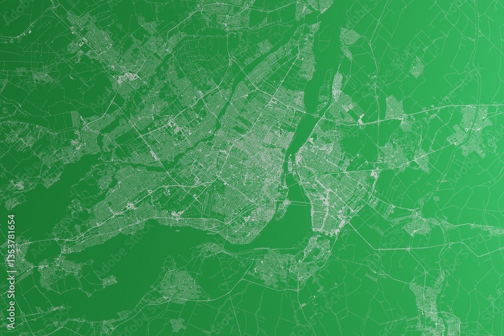Map of the streets of Montreal (Canada) made with white lines on green paper. Rough background. 3d render, illustration